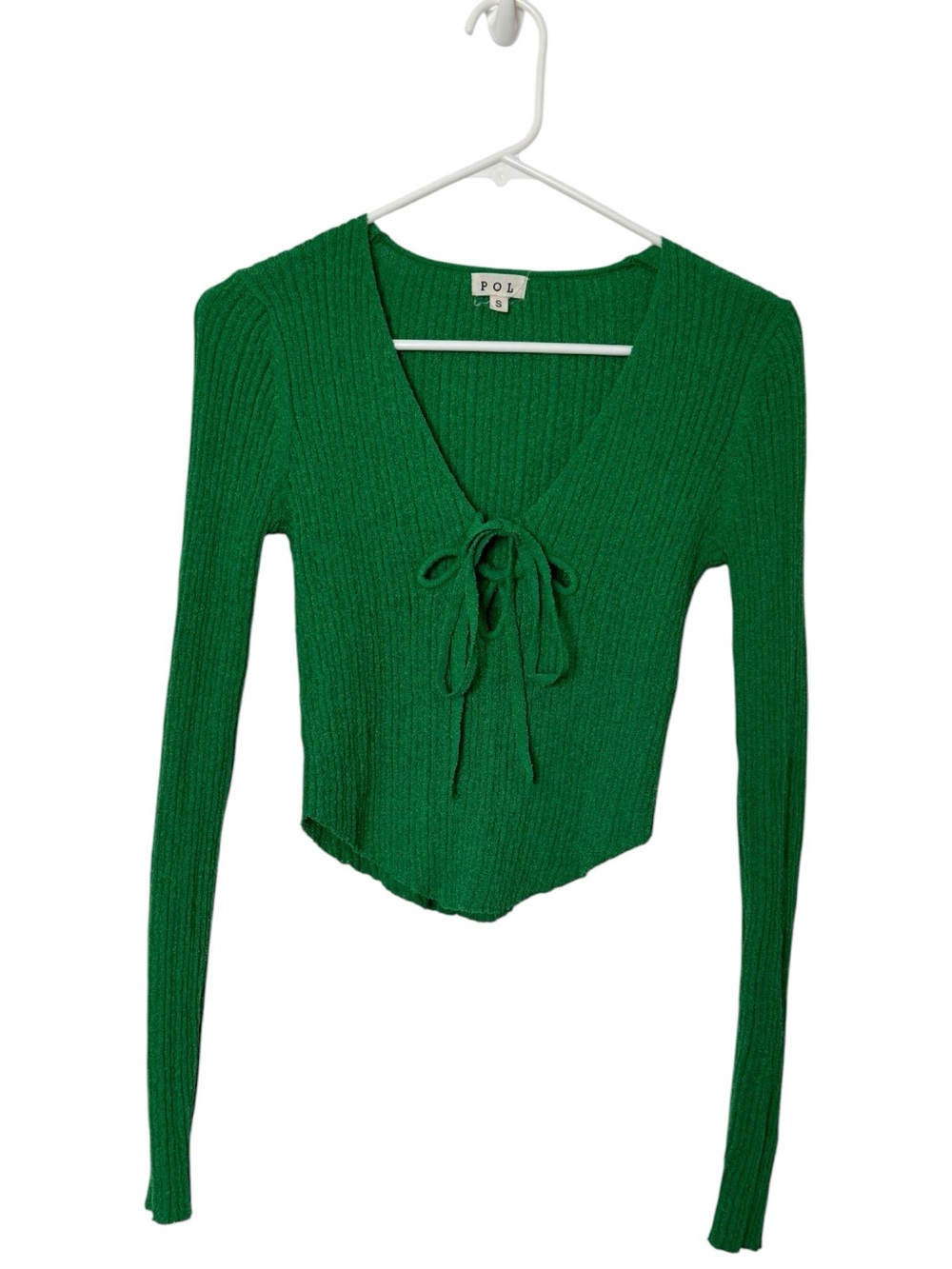 POL Green Ribbed V-Neck Tie Front Small Boho Fairycore Knit Crop Top